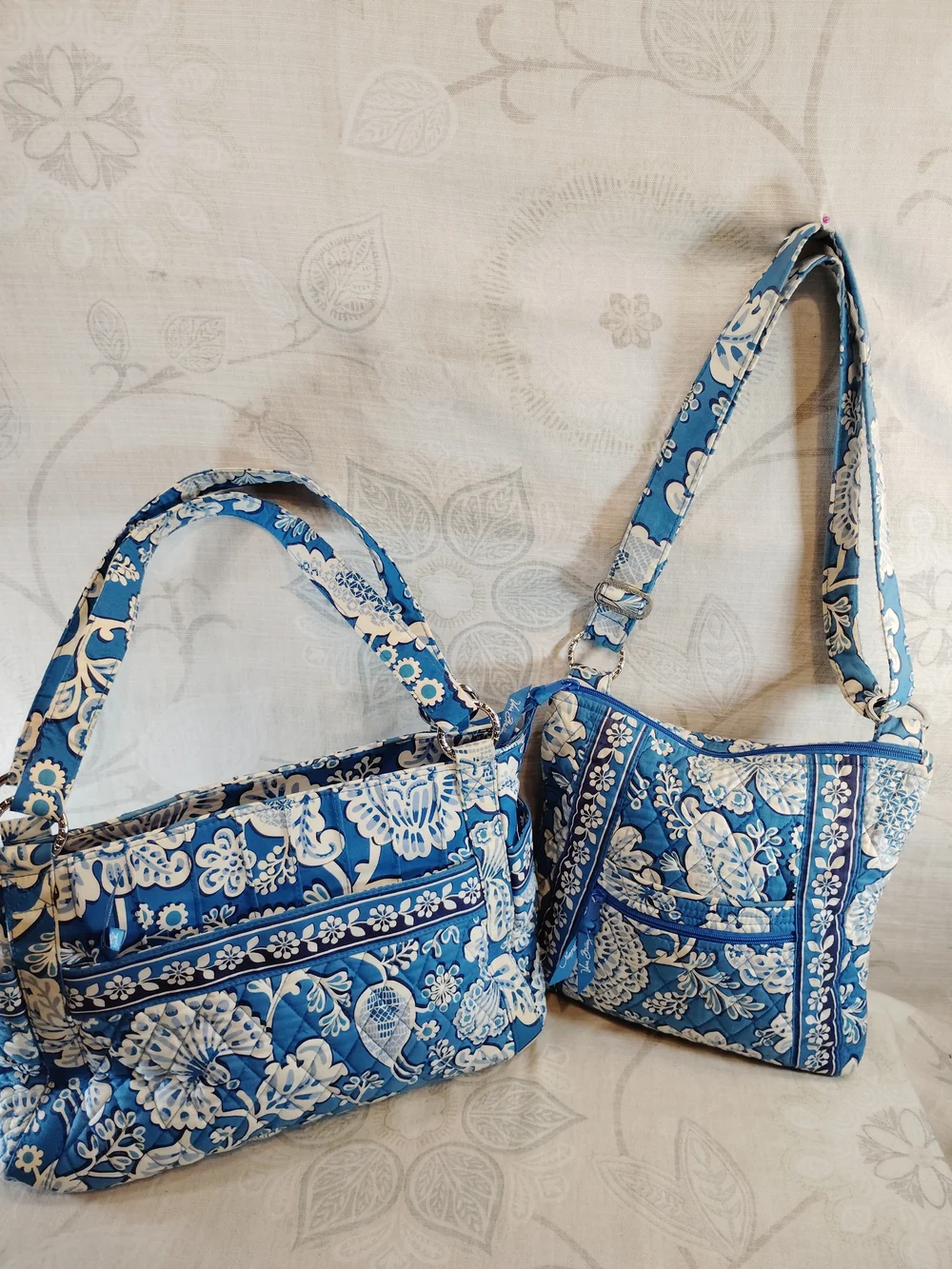 Vera Bradley 2pc  Blue and White Floral Quilted Crossbody & Shoulder Bag Set